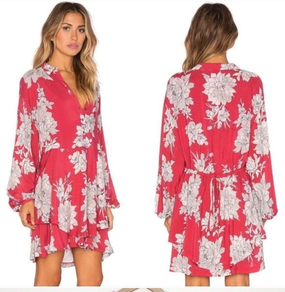 Free People Dresses & Skirts - Free People Dress Mini Shake It Floral XS Red Cottagecore Boho Tiered Shirtdress